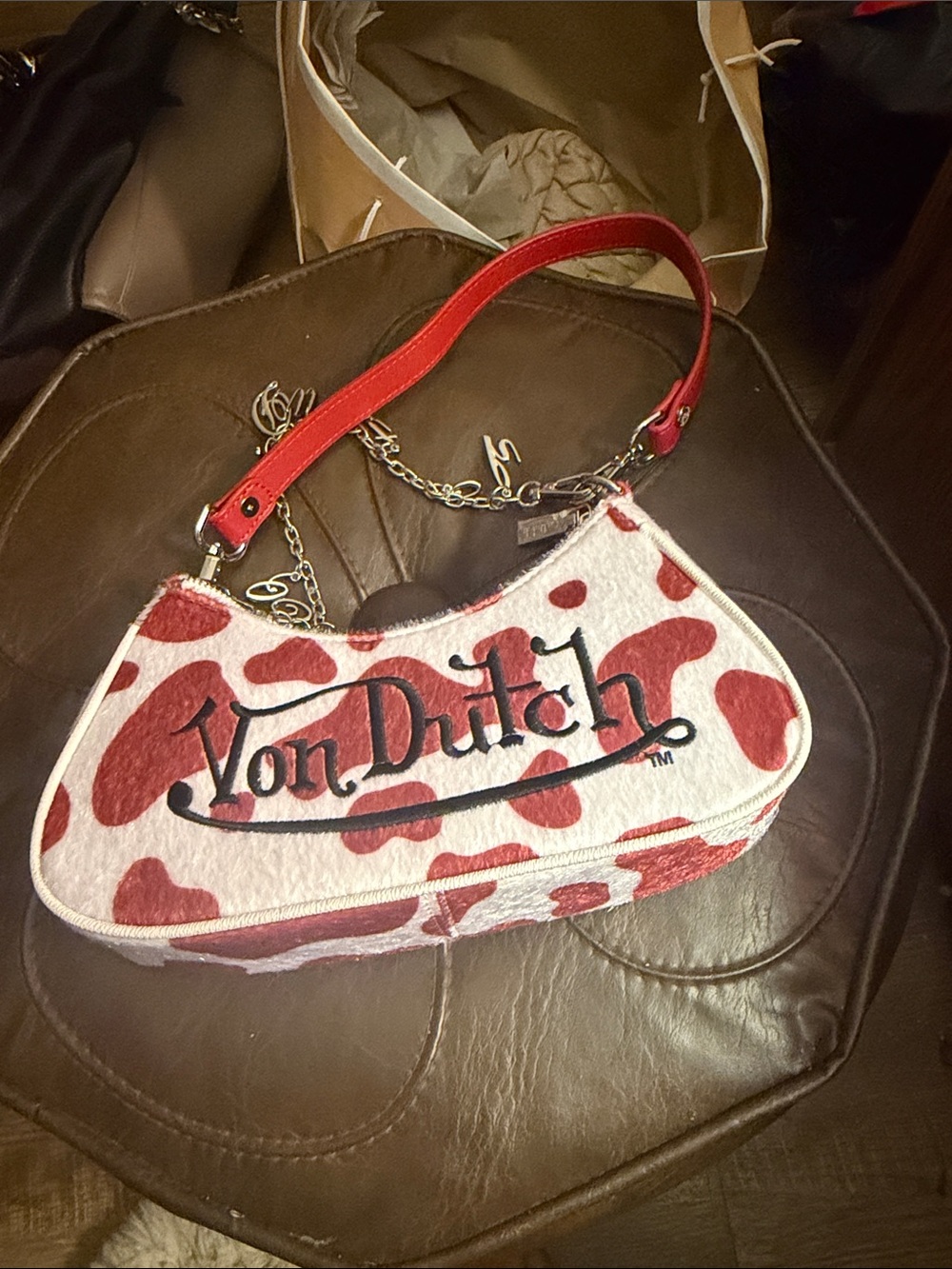 Von Dutch Red and White Cow-Spot Shoulder Bag with Chain Accent